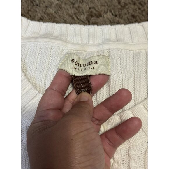 SONOMA Womens White Cable Knit Sweater Henley Retro Classic Fishermen Y2k LARGE - Picture 3 of 10